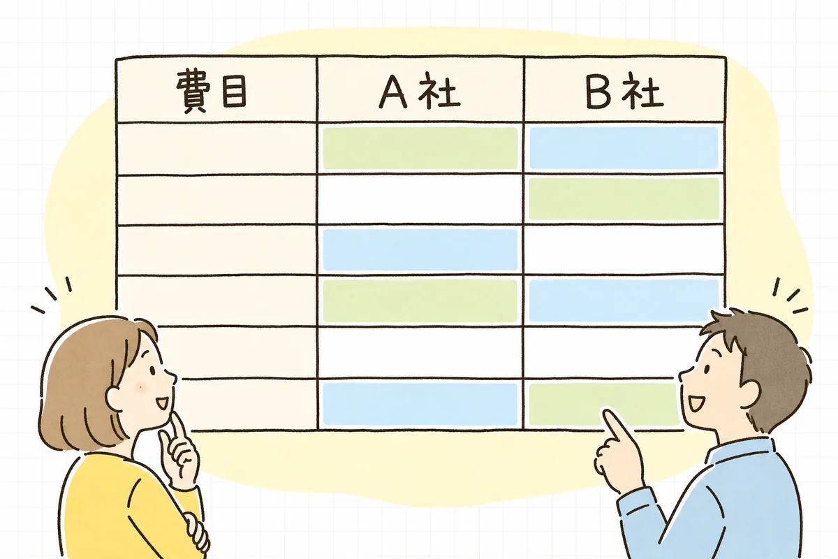 各社の見積を同じ項目行の比較表に落とし込み、含む含まないを並べて見える化した比較表のイメージ