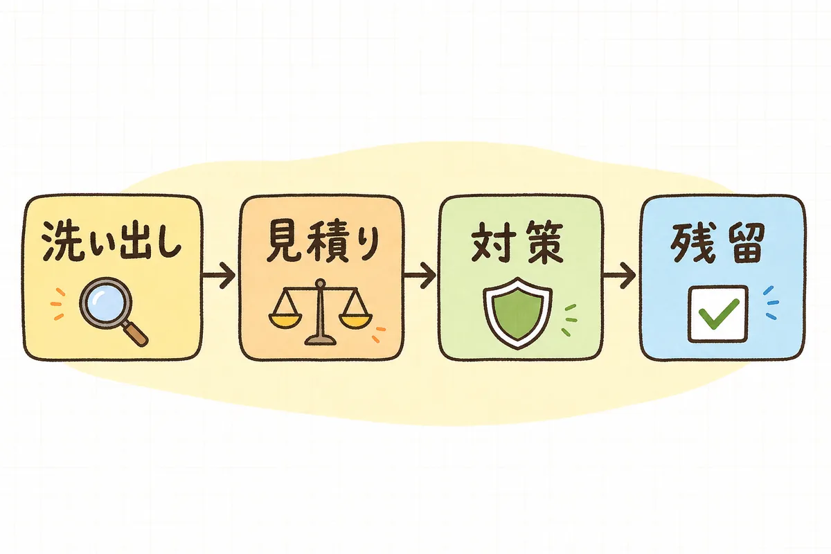 危険源の洗い出し、リスクの見積り、対策、残留リスクの管理へと左から右に進むリスクアセスメントの4ステップを示したフロー図