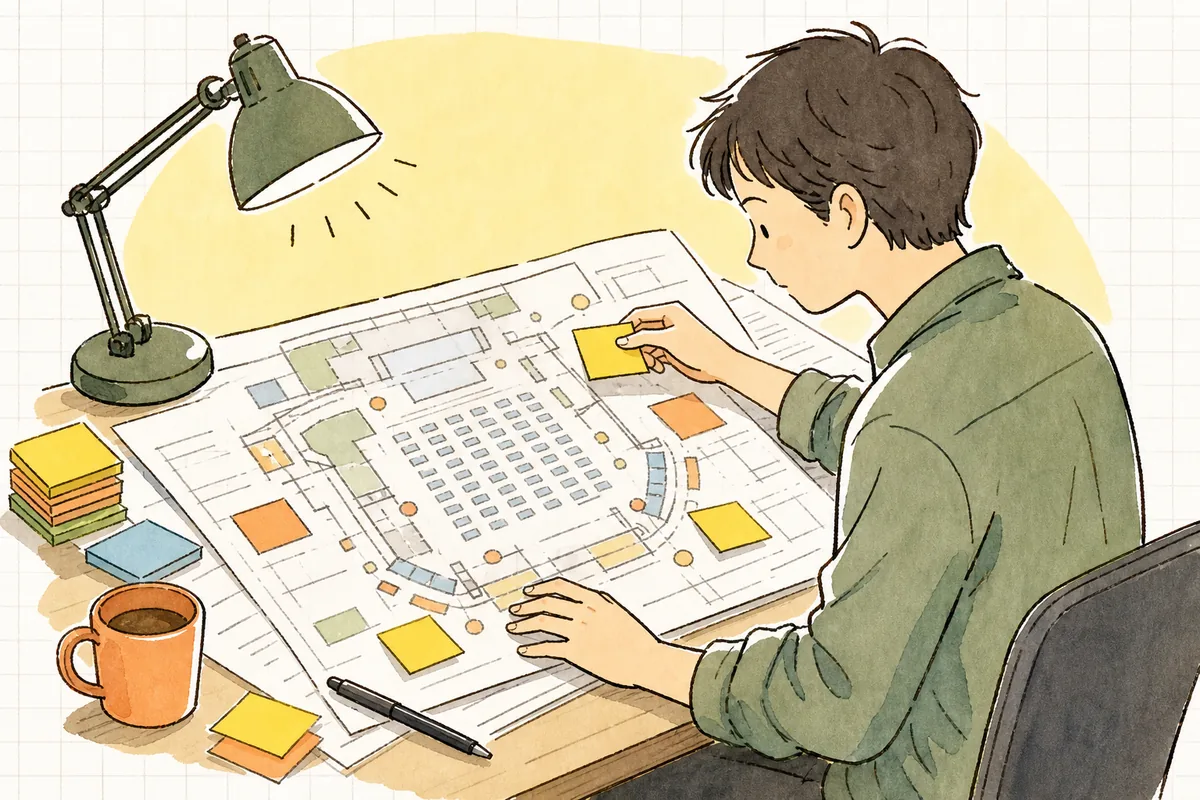 会場図と付箋を広げた机で、起こりうる危険を一つずつ書き出しながら安全管理計画書を組み立てているイベント制作ディレクター