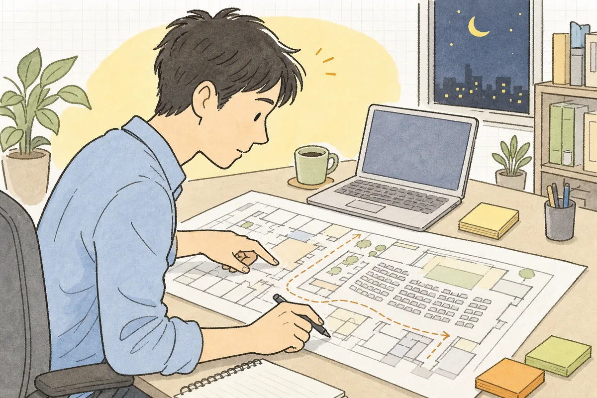 申込リストの備考欄を見ながら、会場平面図を広げて来場者の経路をたどって考えているイベント制作ディレクターの横顔と手元