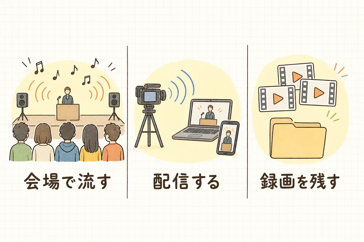イベントでの音楽の使い方3パターンを横に並べた概念図。左は会場のスピーカーから音楽が流れている場面、中央はカメラからネットへ配信されている場面、右は記録動画のファイルが保存されている場面で、それぞれの下に短いラベルが付いている