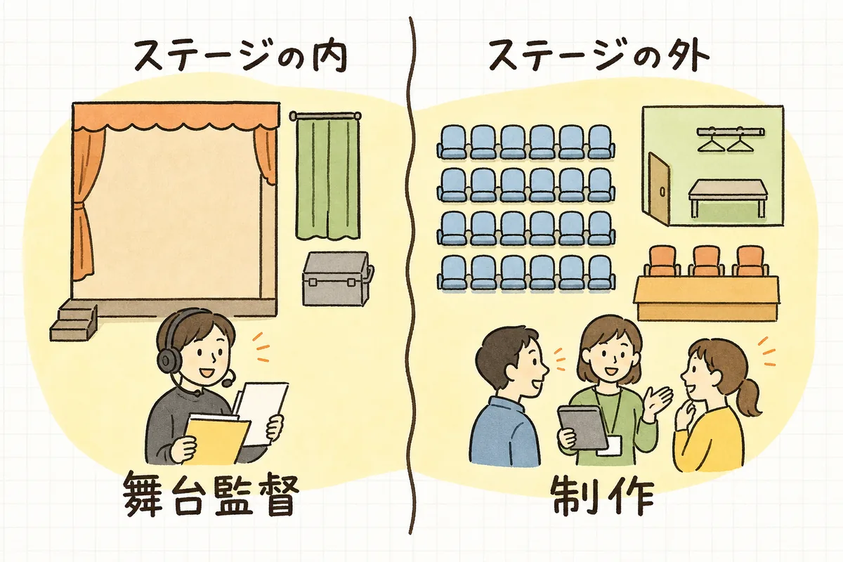 ステージの内側と外側で担当を分けた図。ステージ側に舞台監督、客席・楽屋・主催者側に制作ディレクターを配置している