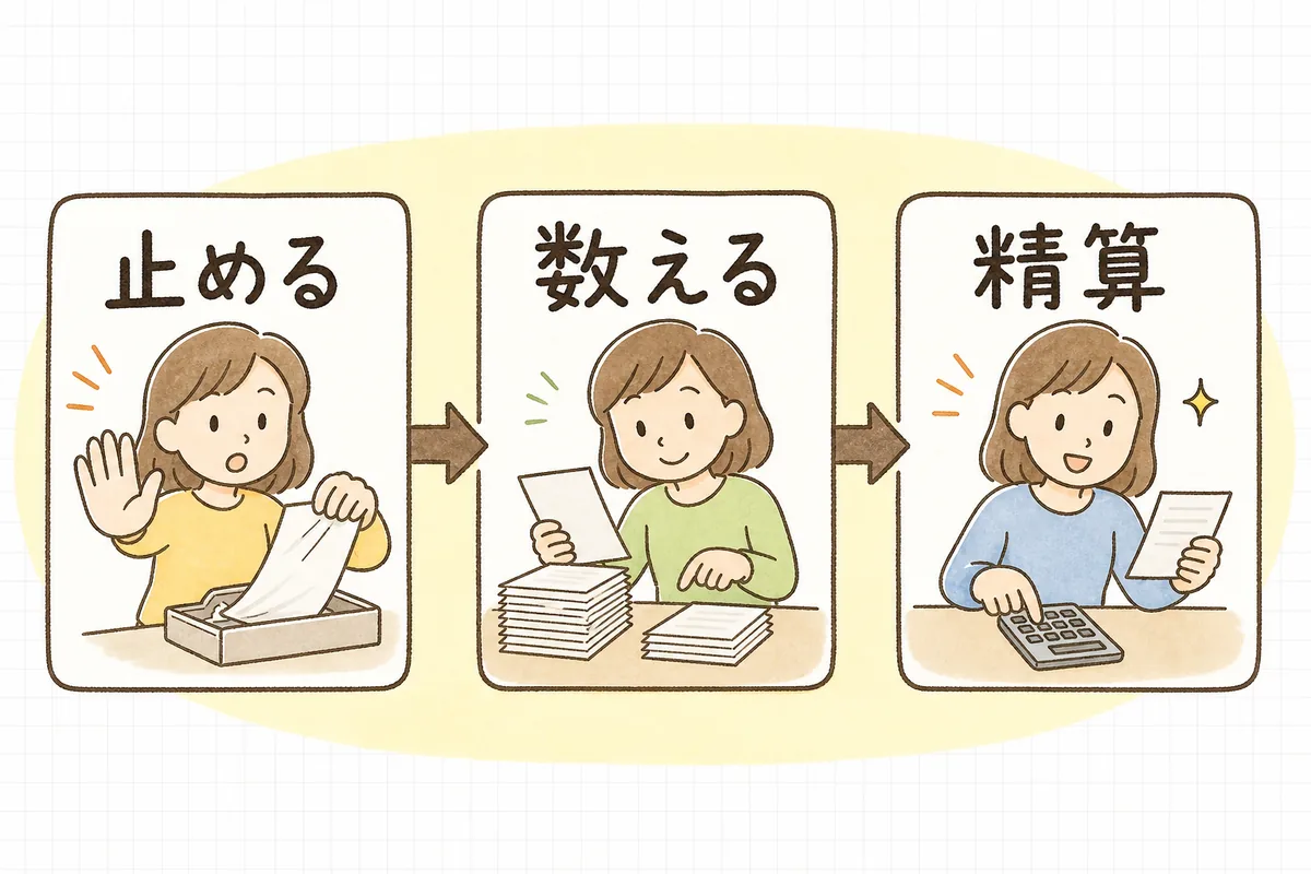 中止決定後の精算の流れ(止められる発注を止める→確定した実費を洗い出す→根拠をそえて精算する)を左から右へ示した概念図