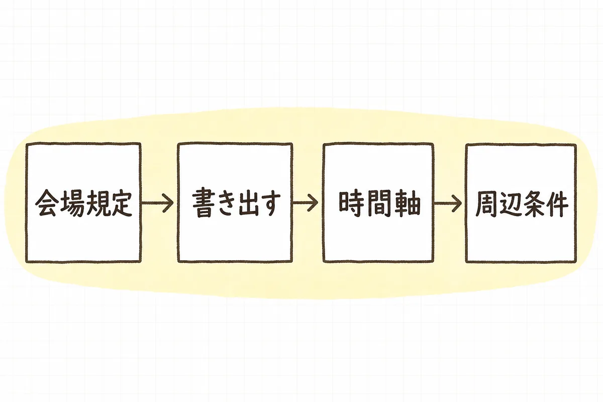 会場規定を押さえ、モノを3系統で書き出し、時間軸に並べ、周辺条件をぶら下げる4ステップの流れを示した横長の図