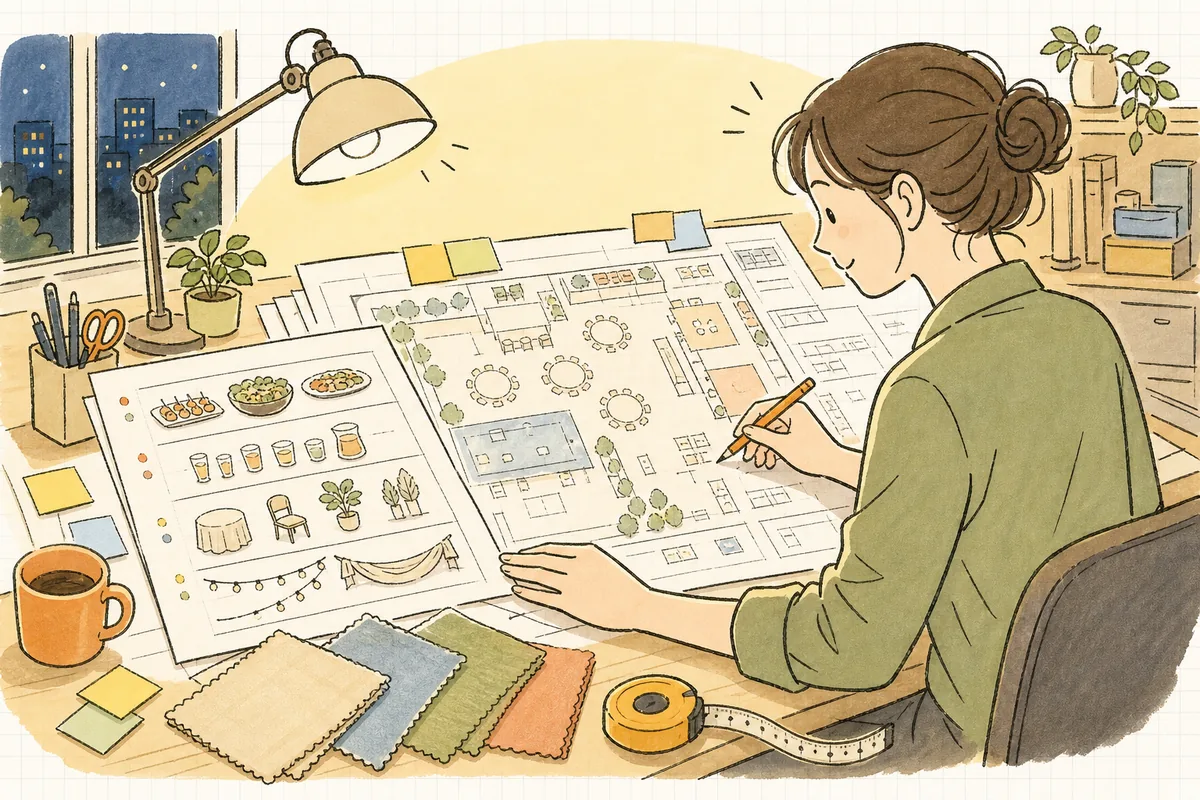 会場図とケータリング・什器・装飾の手配リストを机に広げ、搬入時間と電源位置を確認しながら発注内容を組み立てているイベント制作ディレクターの手元と横顔