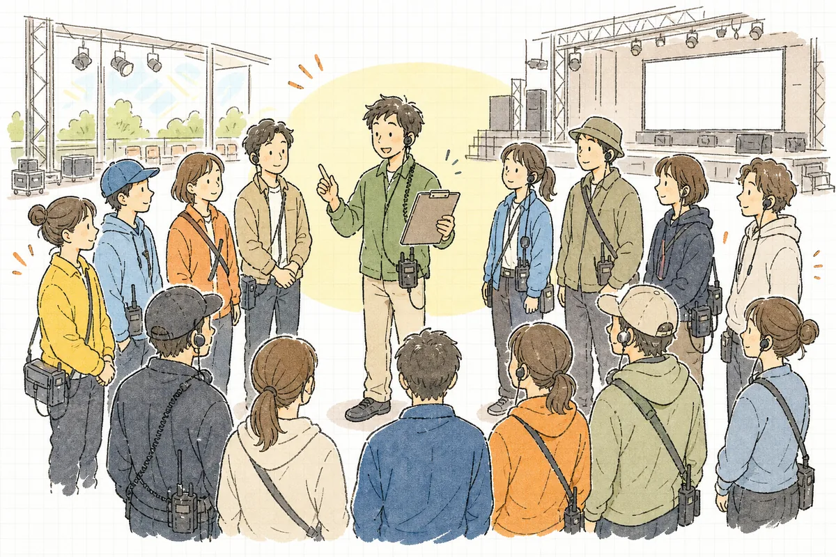 開場前のイベント会場で、集まったスタッフを前に香盤表を手に当日朝礼（安全ミーティング）を進めるイベント制作ディレクター