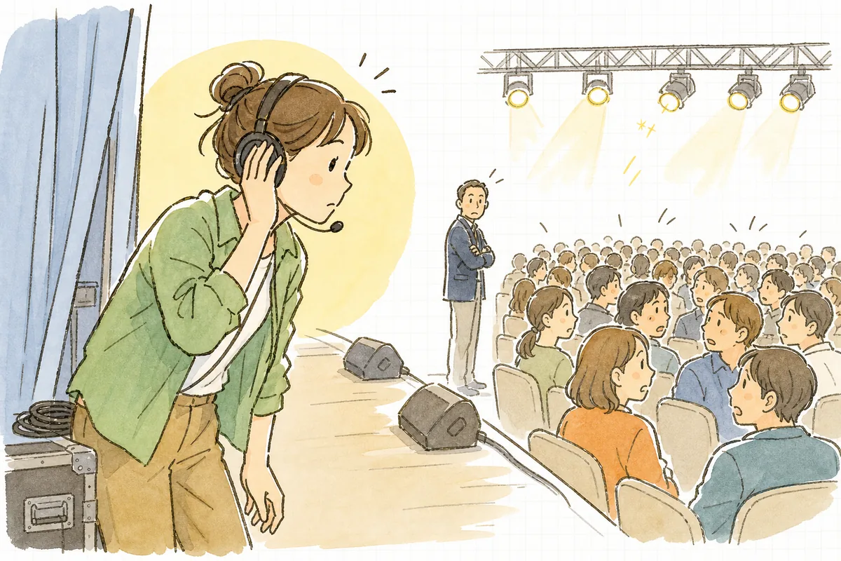 本番中のイベント会場の袖で、インカムを押さえながら客席の様子と会場管理者の顔を交互に見て判断しようとしている制作ディレクター