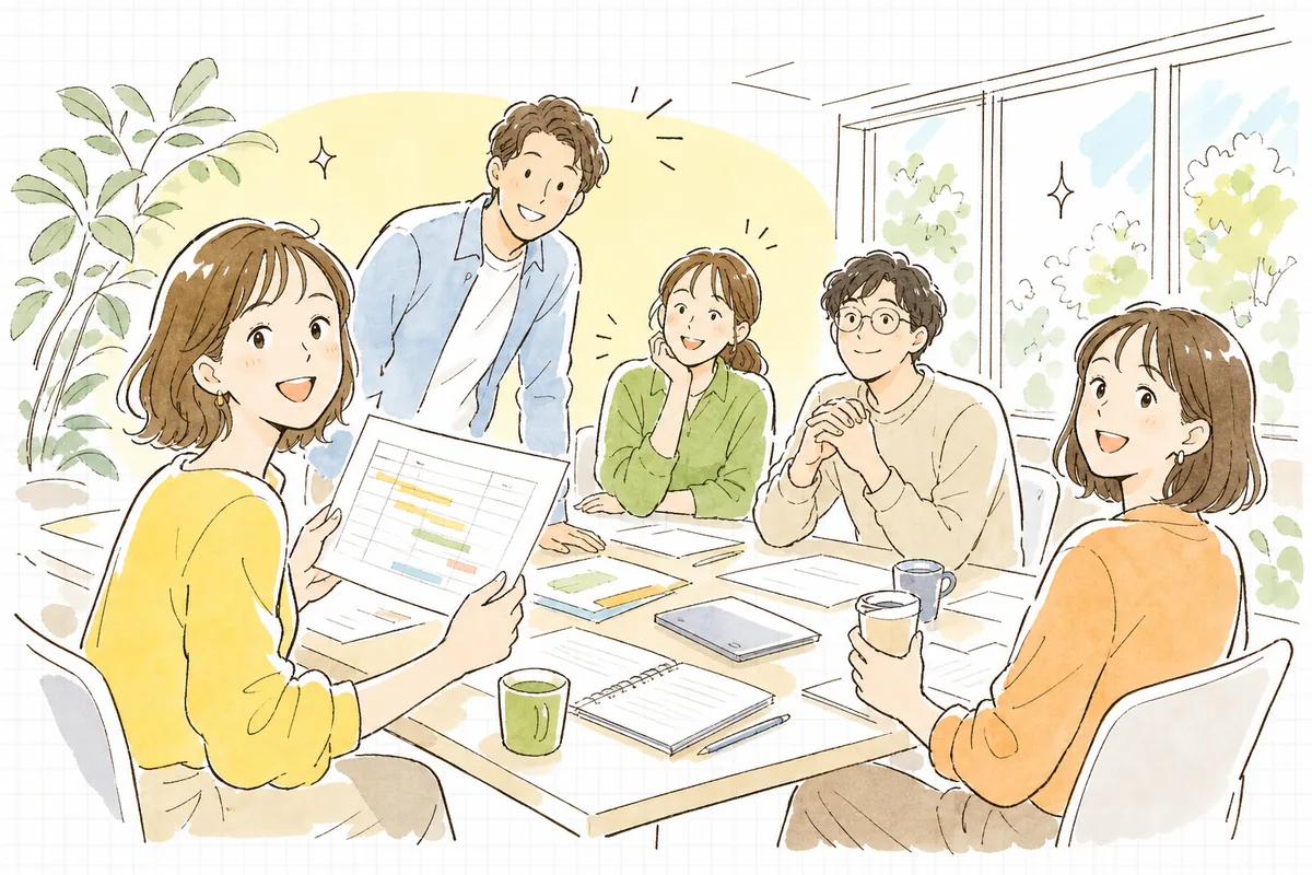 コンペのプレゼンを終え、明るい会議室で提案書のスケジュールページを手に、やり切った表情で顔を上げるディレクターとチームの穏やかな様子