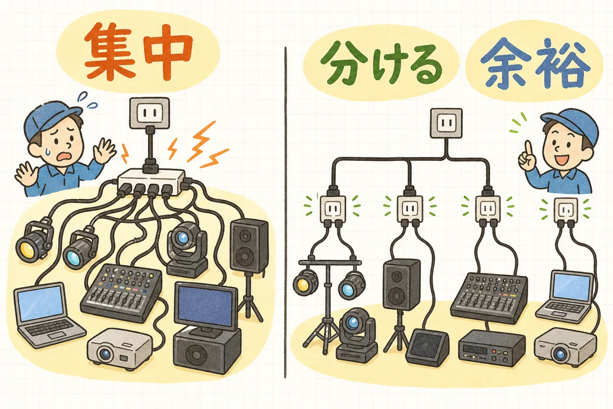 一つの回路に機材を集めすぎると落ち、複数の回路に分けると落ちないことを示した概念図