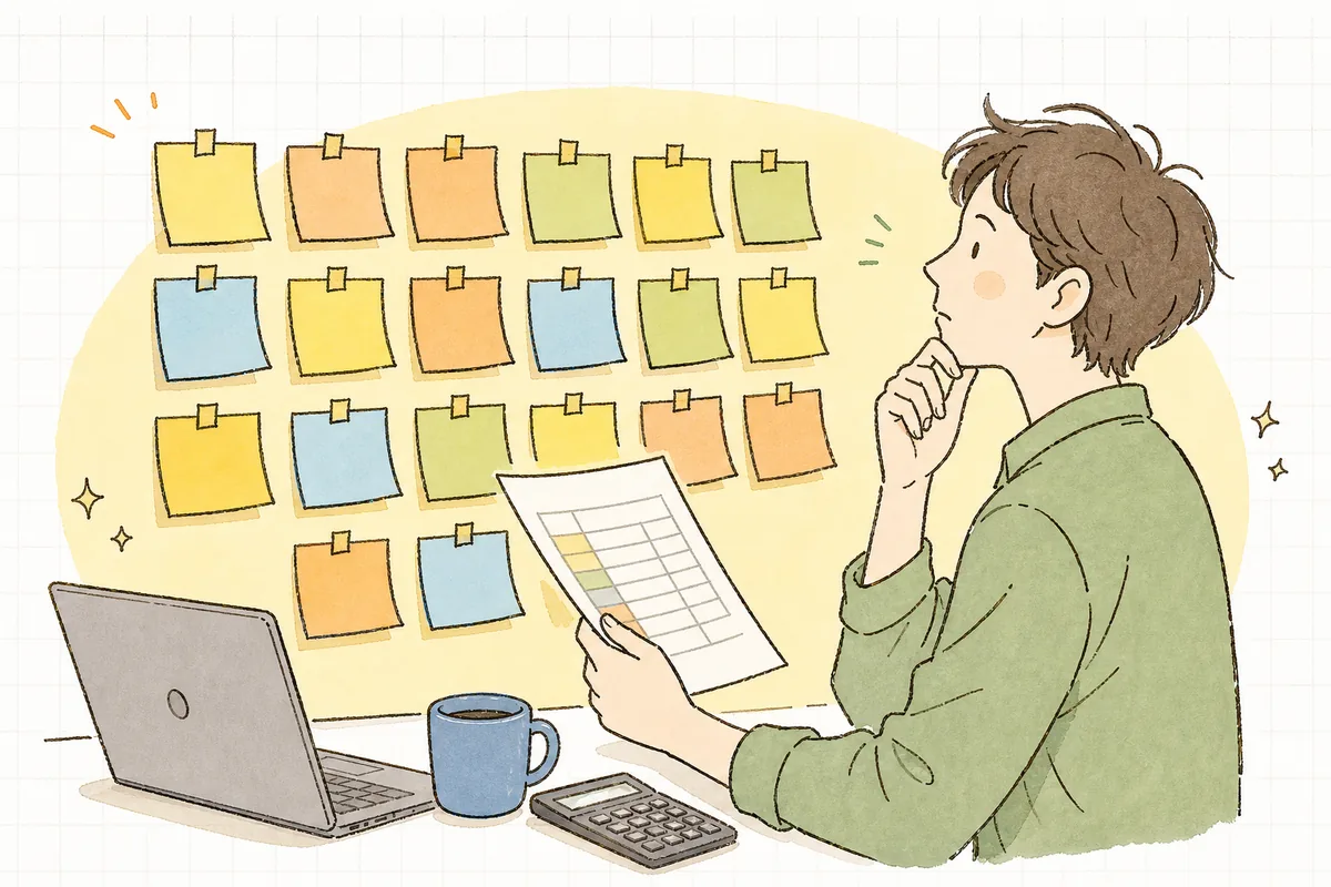 演出プランを書き出した付箋を壁に貼り、予算表と見比べながらどれを残すか考えているイベント制作ディレクターの横顔と手元