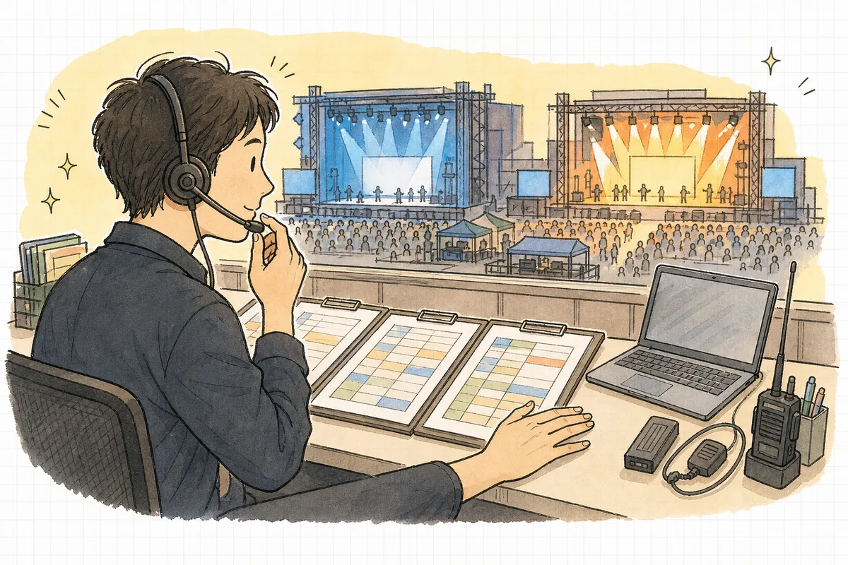 複数のステージが同時に動くイベント会場を、統括卓で全体を見渡しながらインカムで各ステージへ声を届けるディレクターの横顔