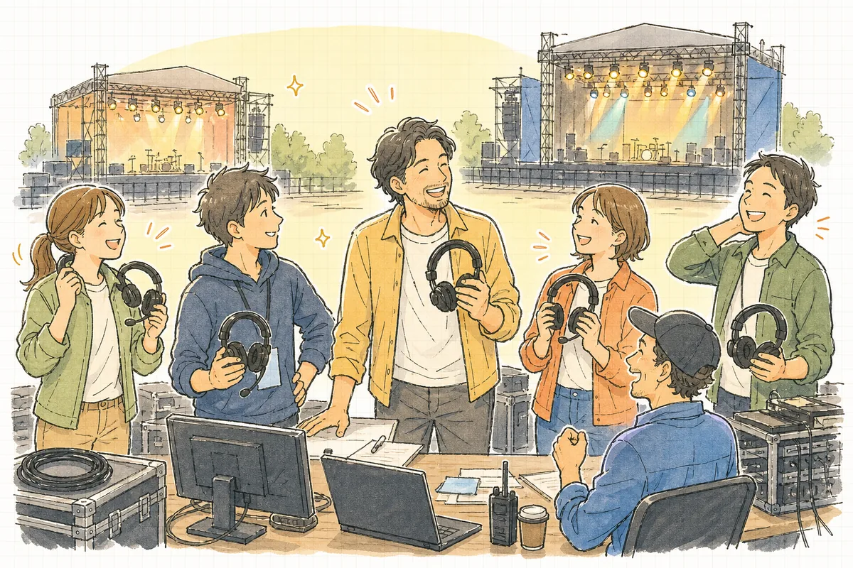 複数のステージがすべて無事に終演を迎えた会場で、統括卓の仲間たちがインカムを外してほっと笑い合う穏やかな情景