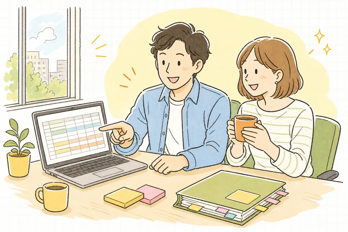 明るい午後のオフィスで、整った表計算の画面を見ながら同僚と笑顔で次の案件の見積を相談しているイベント制作ディレクター