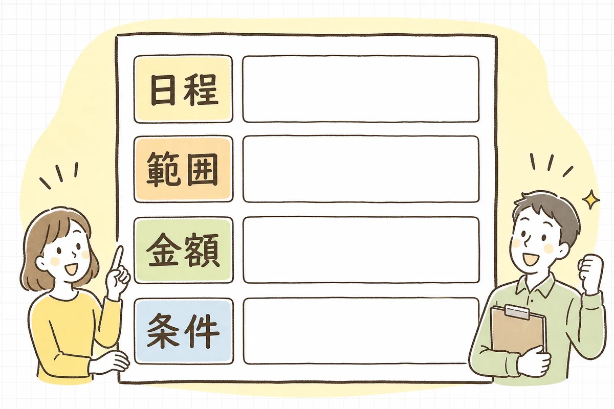 イベントの発注書に最低限入れておきたい要素(相手・日程・場所・作業範囲・金額・支払条件・キャンセル条件)を一覧で示した確認用の概念図