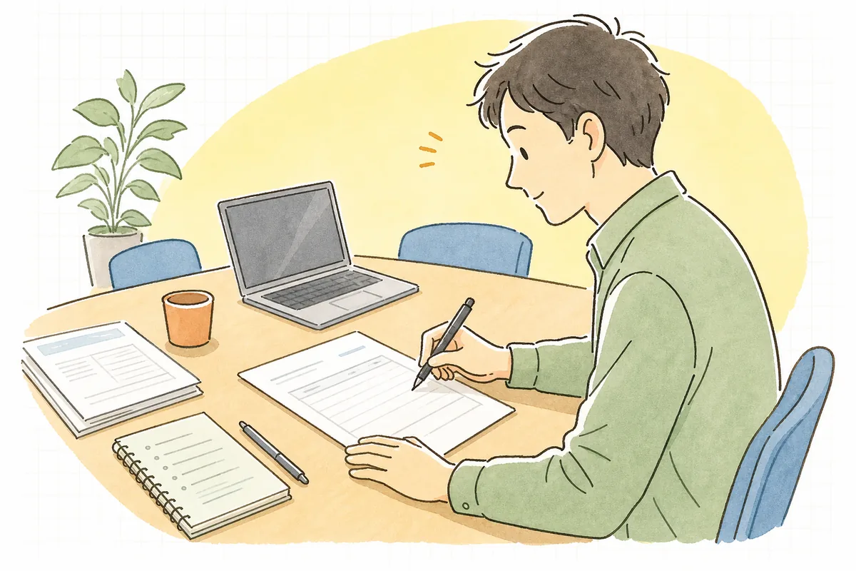 打ち合わせを終えた机で、協力会社への発注内容を一枚の発注書に書き起こしながら、抜けがないか静かに確認するイベント制作ディレクターの手元と横顔