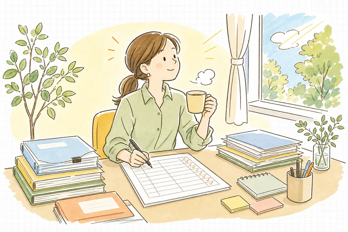 発注をすべて書面で確定させ、手配一覧に印をつけながら「これで当日は大丈夫」と穏やかに一息つくイベント制作ディレクターの表情