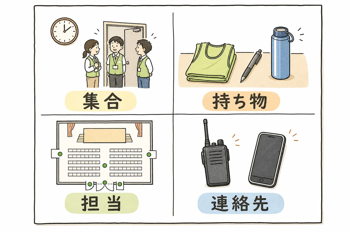 当日スタッフに配るA4一枚の指示書の構成を示した図。紙が4つの区画に分かれ、左上には時計と通用口に集まるスタッフの絵と「集合」のラベル、右上にはビブス・筆記具・飲み物が並んだ絵と「持ち物」のラベル、左下には会場の簡単な平面図に立ち位置の印が付いた絵と「担当」のラベル、右下にはトランシーバーとスマートフォンの絵と「連絡先」のラベルが描かれている
