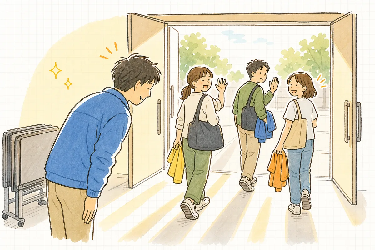 イベント終了後の会場入口で、帰っていく当日スタッフたちに笑顔で頭を下げて見送っているイベント制作ディレクター