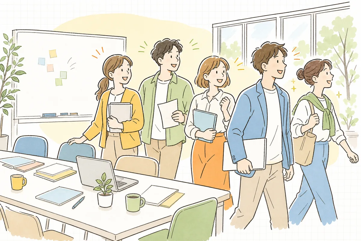 振り返りを終え、次の案件へ前向きに歩き出そうとするイベント制作チームの明るい表情