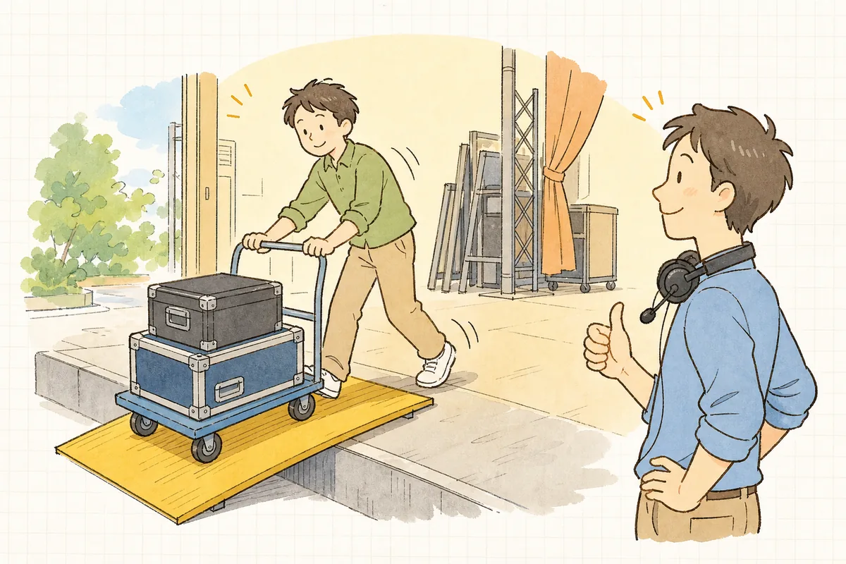 朝の会場で、段差に置かれたスロープ板を通って台車を押すスタッフと、それを見て笑顔でうなずくイベント制作ディレクター