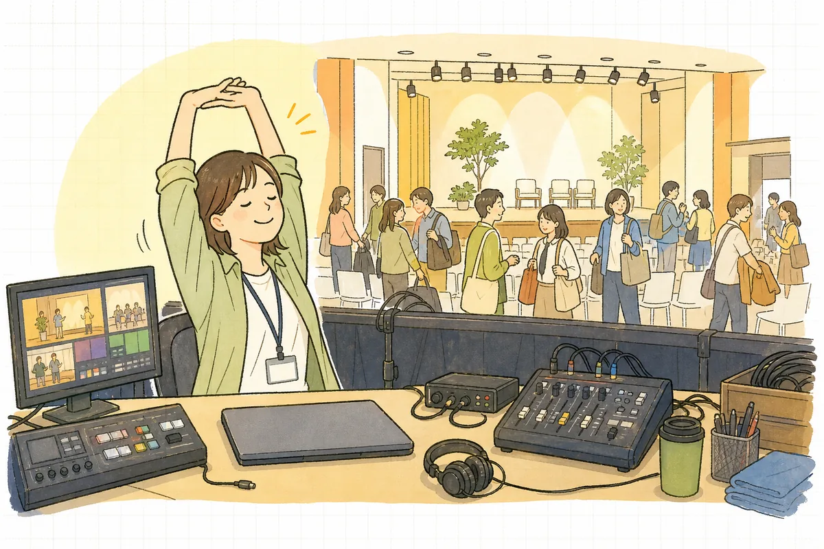 本番終了後、現地の来場者の余韻と配信の無事終了の両方を見届けて、配信席で静かにほっと息をつくイベント制作ディレクター