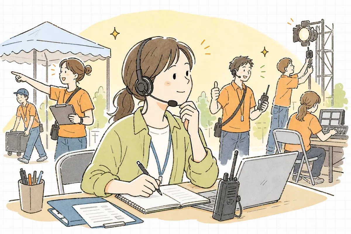 本番中の会場で、インカム越しに各所とつながりながら、通りのよい連絡に安心して落ち着いた表情を見せるイベント制作ディレクター
