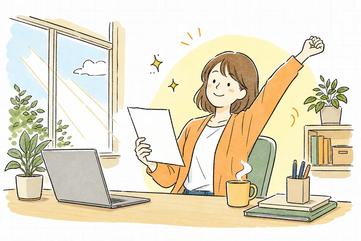 職種別に人件費を積み終えた見積表を手に、デスクで小さくひと息ついて前を向くイベント制作ディレクターの穏やかな表情