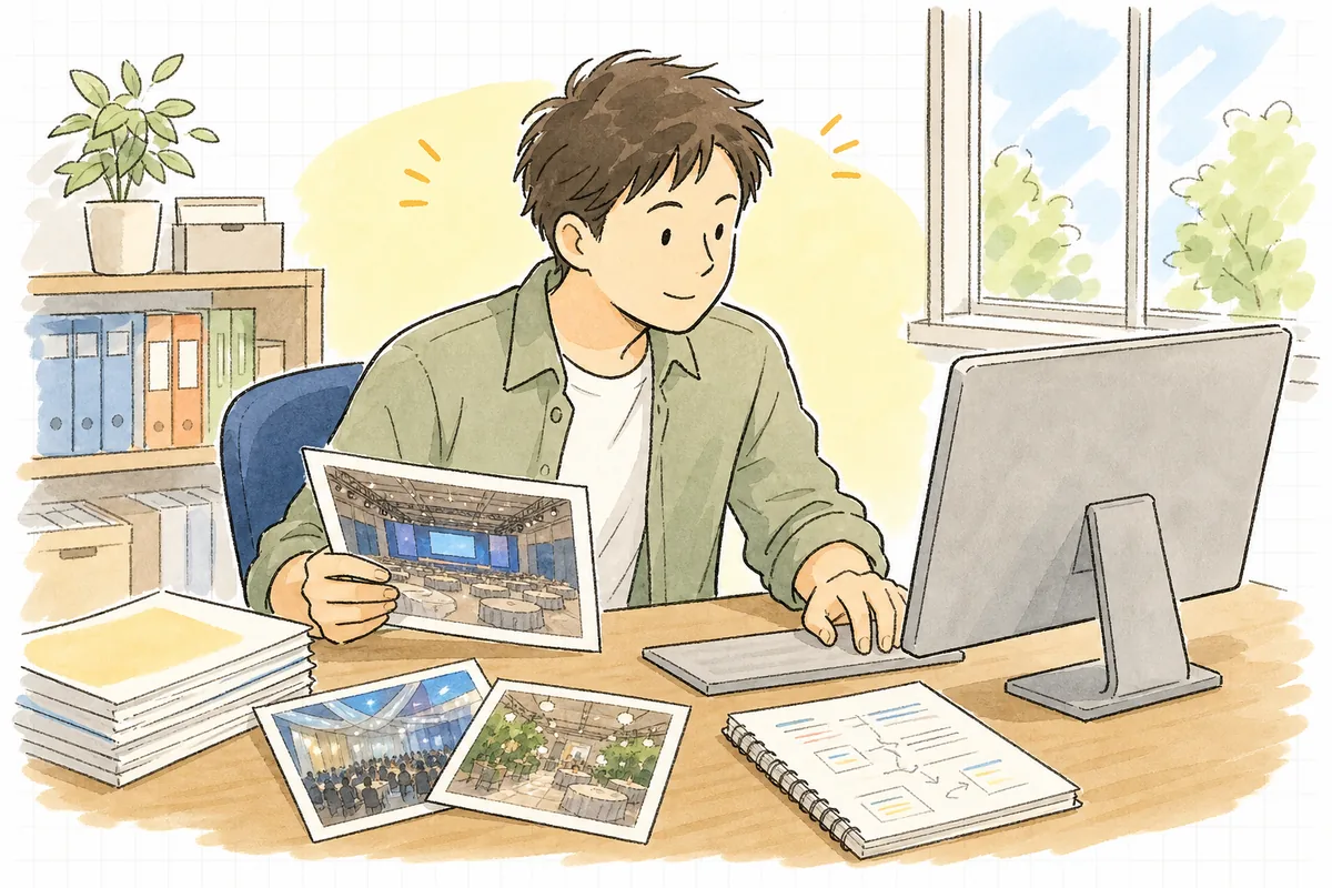 本番翌日のデスクで、当日の写真やメモを見返しながら実施報告書をまとめるイベント制作ディレクター
