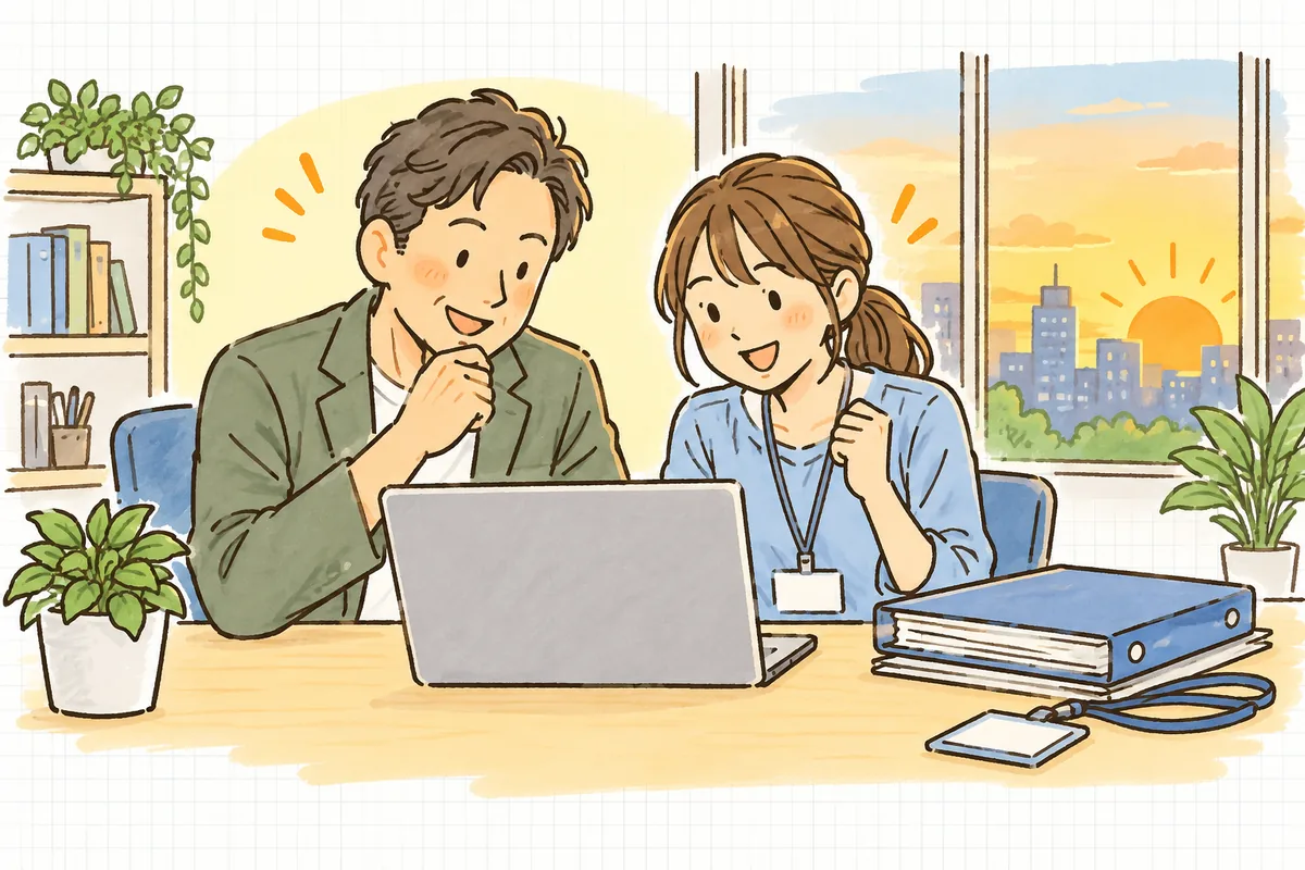本番前日の夕方、片付いたデスクで制作ディレクターが同僚と並んでノートパソコンの一覧表を見ながら、ほっとした笑顔でうなずき合っている