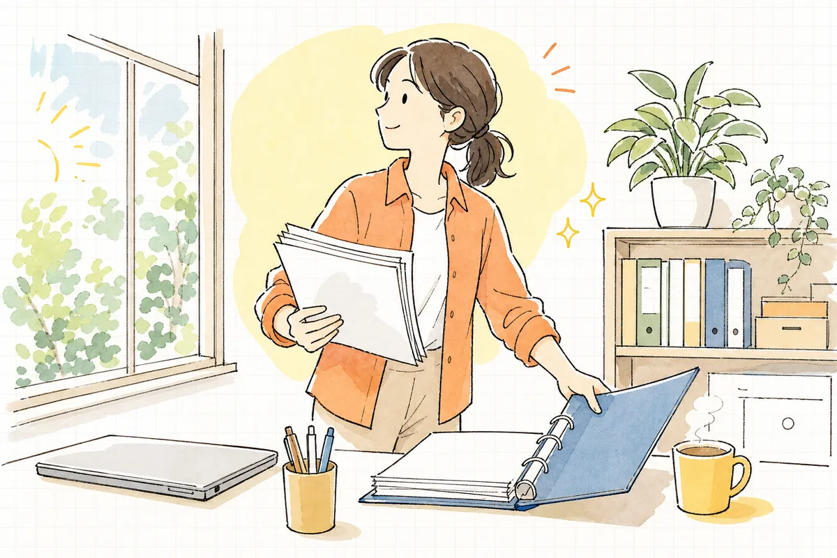 朝のオフィスで、押印して返送を終えた申込書の控えをファイルに綴じ、窓の外の明るい光のほうを見て一息ついているイベント制作ディレクター