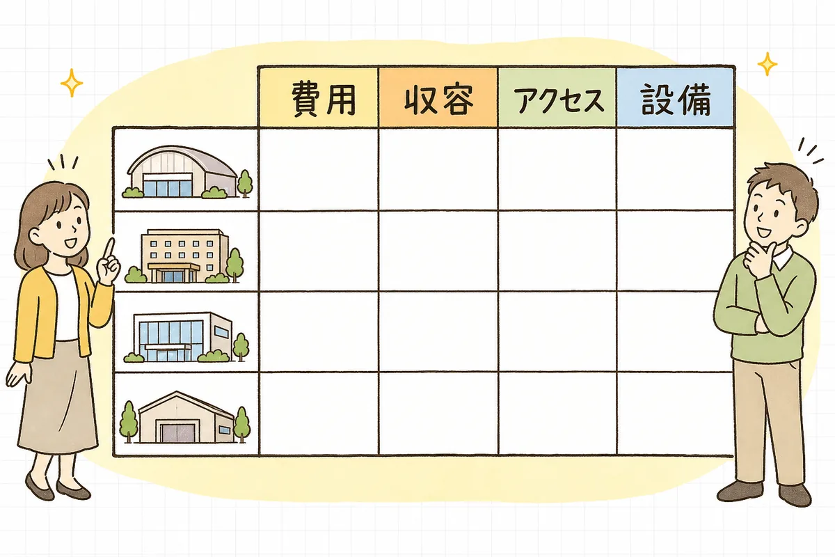 複数の会場候補を費用・収容・アクセス・設備・規定の同じ項目で並べて比較する表のイメージ図