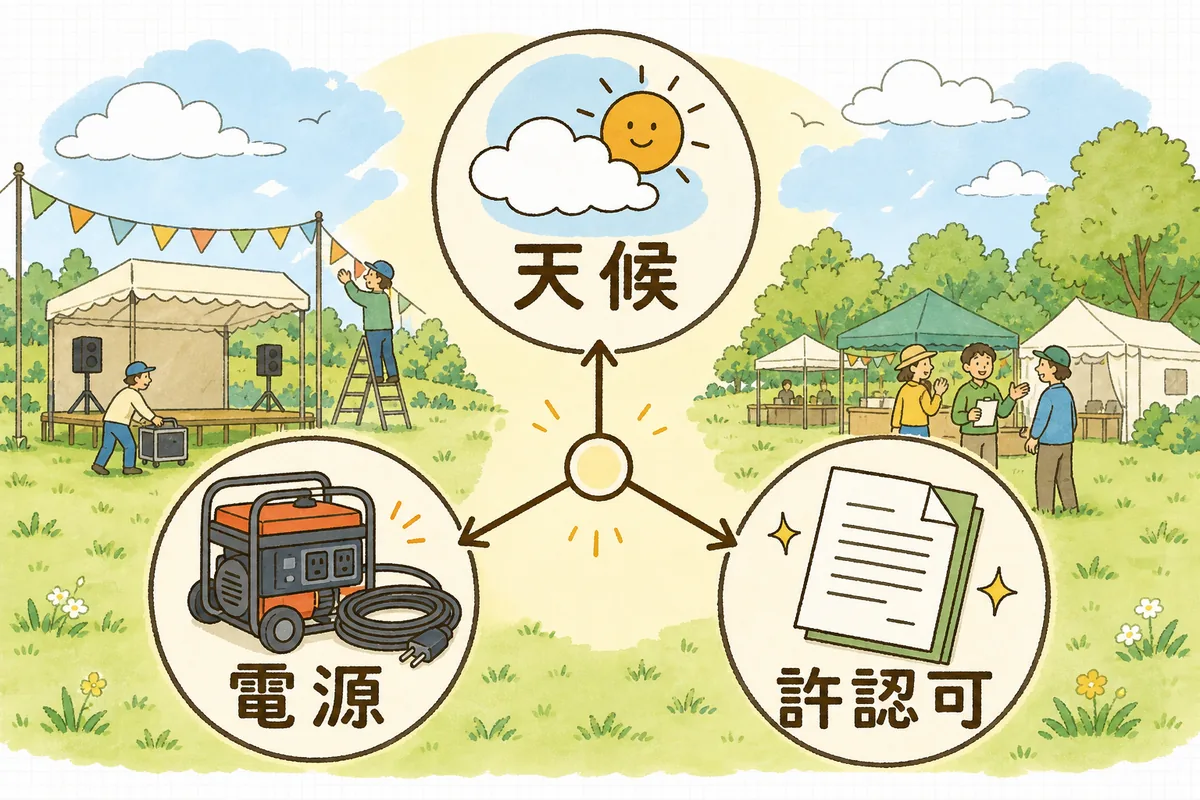 屋外イベントの企画で先に固める三つの不確定要素(天候・電源・許認可)を示した図
