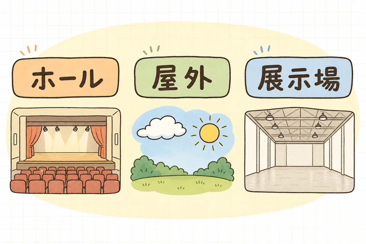 会場タイプごとに気にする制約の場所が違うことを、ホール・屋外・展示場の三つで示した概念図