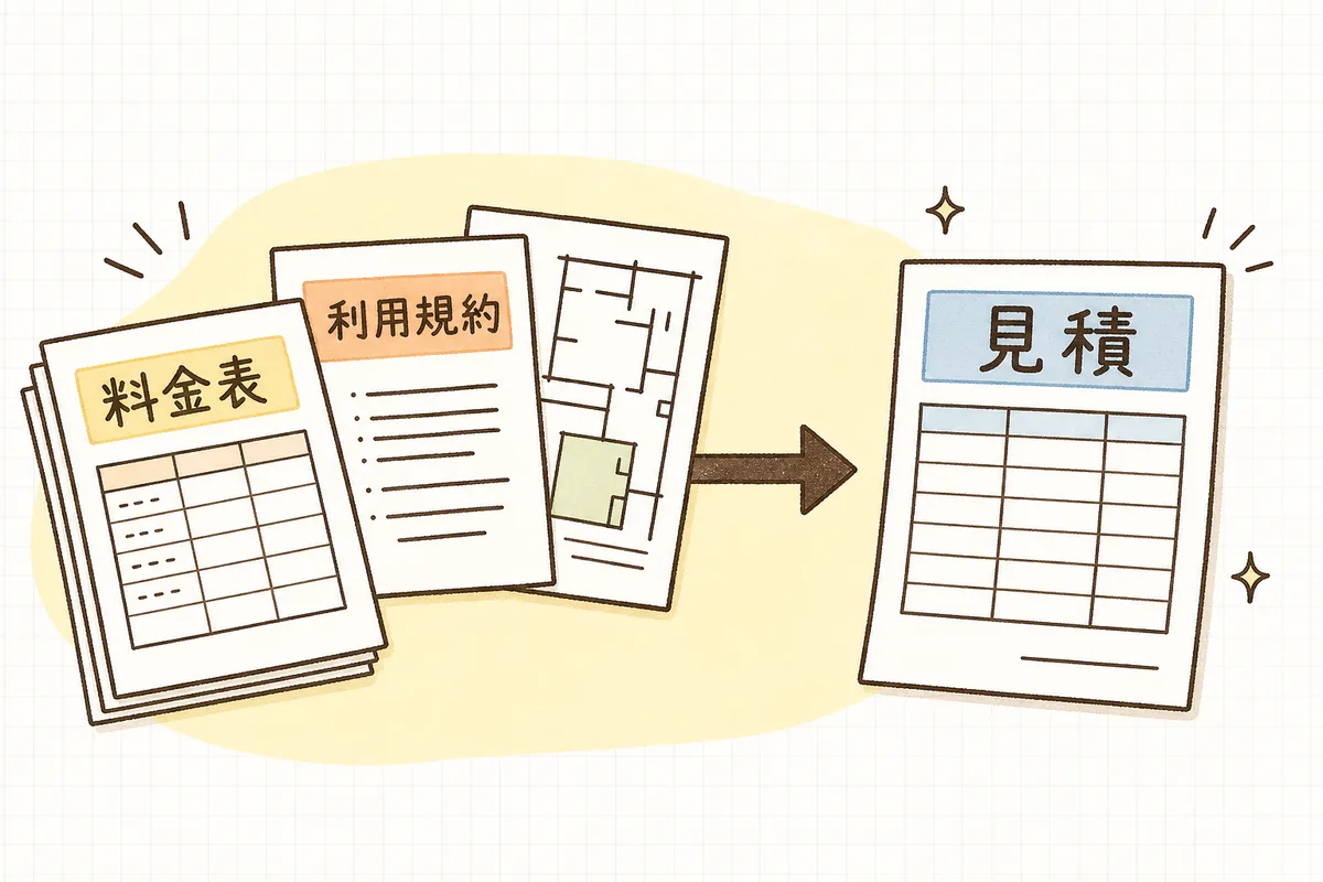 想像で見積を埋めるのではなく、会場からもらった料金表と利用規約を出発点にして写すという確認の起点を示した概念図