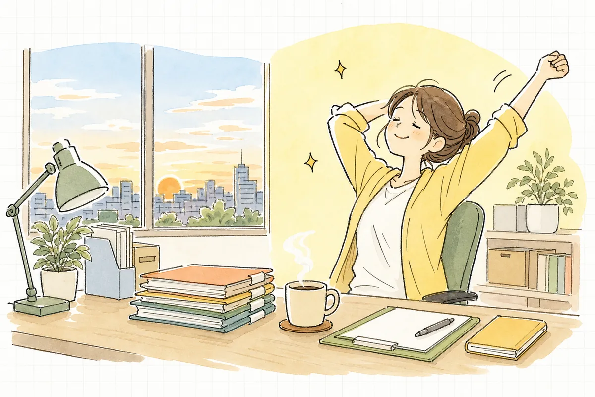 会場費を拾い切って見積をまとめ終え、窓の外が白みはじめた朝の光の中でほっと一息つく制作ディレクターの穏やかな表情