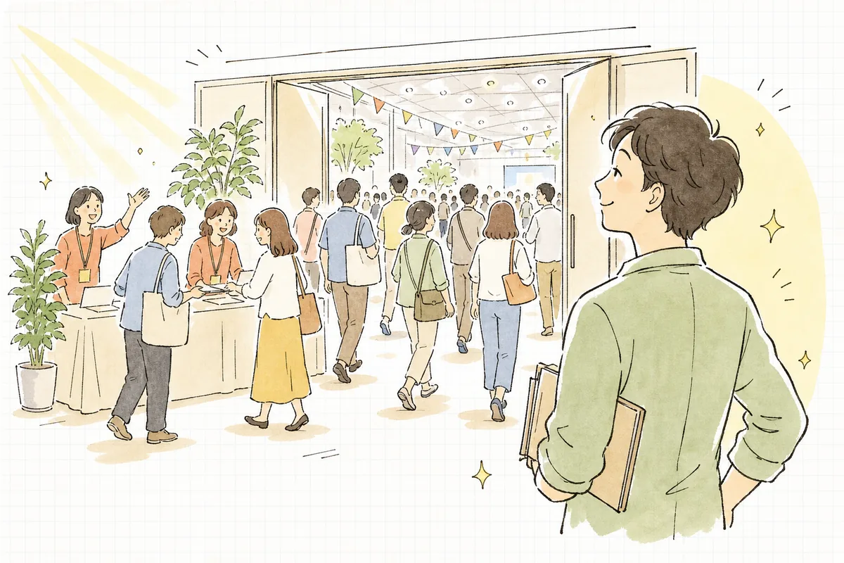 開場後、来場者がスムーズに入場していく会場を、少しほっとした表情で見守るイベント制作ディレクター