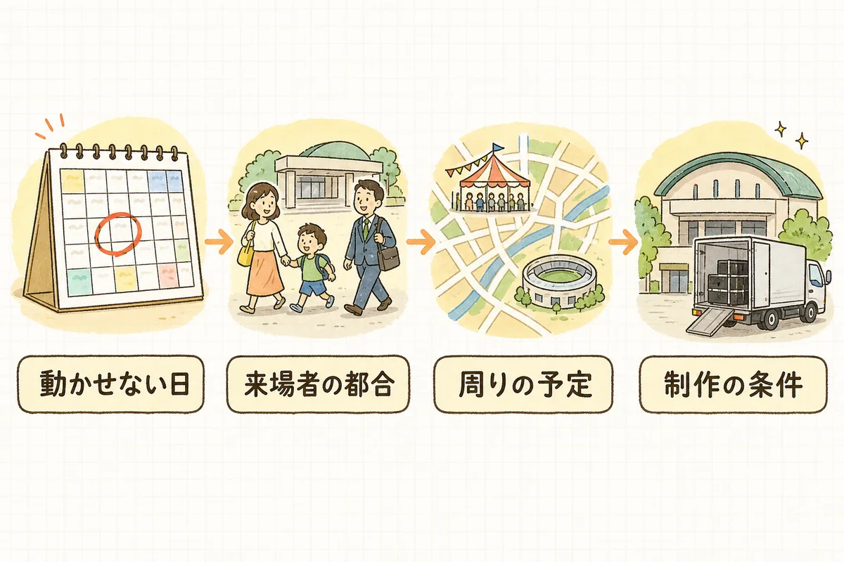 日程を決める4つの条件を、4つの場面を横に並べて示した概念図