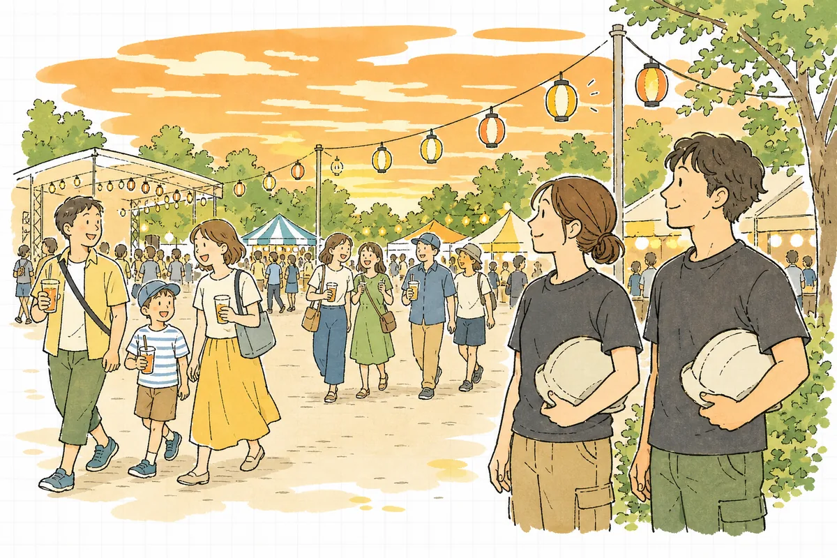 夕暮れの屋外イベント会場で、来場者が笑顔で行き交う穏やかな光景を、少し離れた場所から満足そうに眺めているイベント制作スタッフ