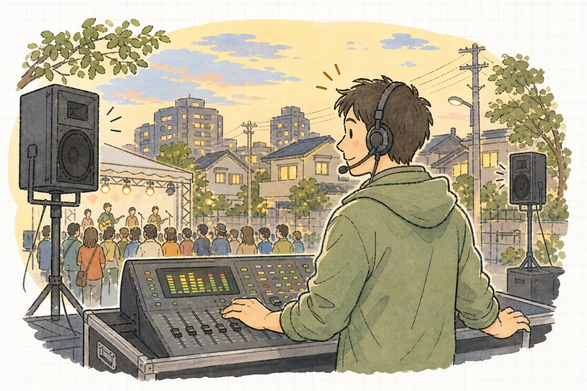 夕方の街なかのイベント会場で、住宅を背に音響卓の前に立ち、スピーカーの向きを気にしながら音量メーターを確認するイベントスタッフの様子