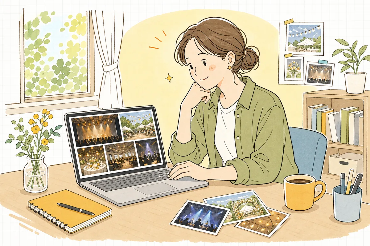 整理された記録写真をノートパソコンで見返しながら、良い一枚に穏やかに笑みを浮かべているイベント制作ディレクターの様子