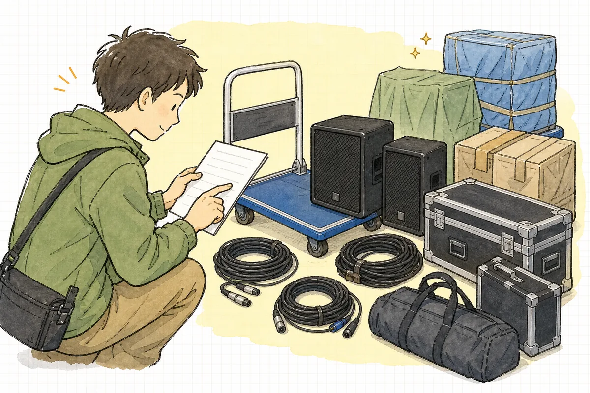 撤収後の会場で、返却する機材を台車の脇に並べ、借りたときのリストと数を突き合わせながら数量を確認しているイベント制作ディレクターの手元と横顔