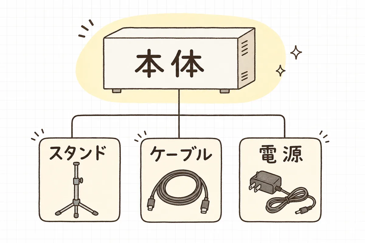 スピーカー本体の下にスタンド・ケーブル・電源が枝分かれしてぶら下がり、機材を本体と付帯品のセットで数える様子を示した概念図