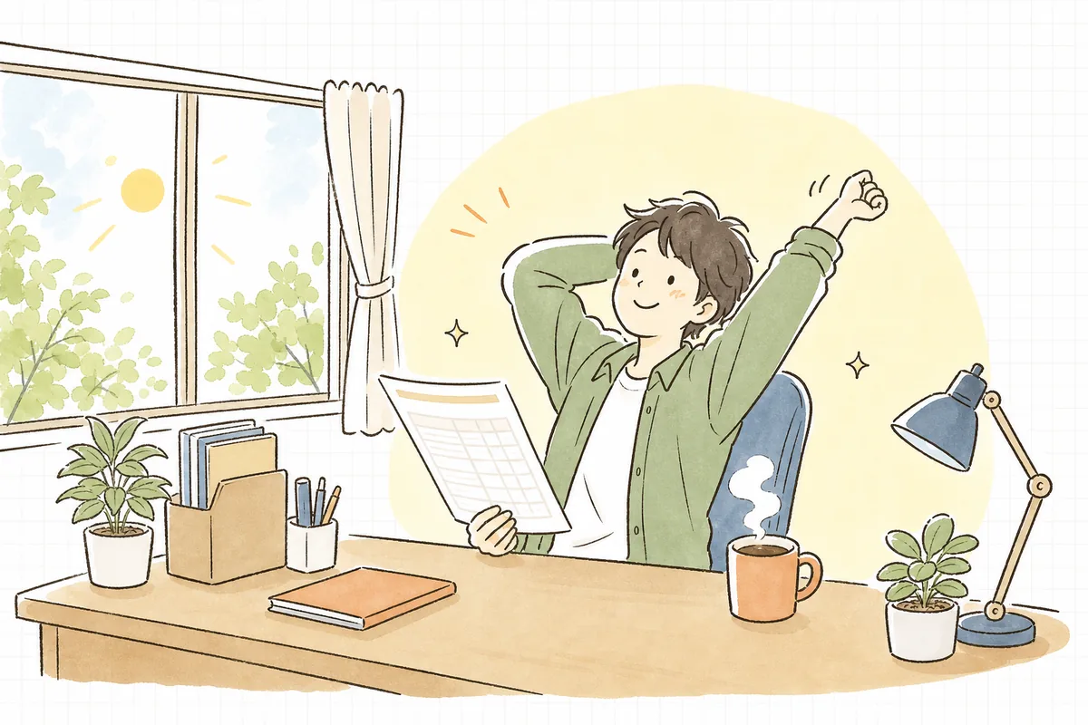 機材リストを拾い終えた見積表を手に、片付いたデスクで小さくひと息ついて前を向くイベント制作ディレクターの穏やかな表情