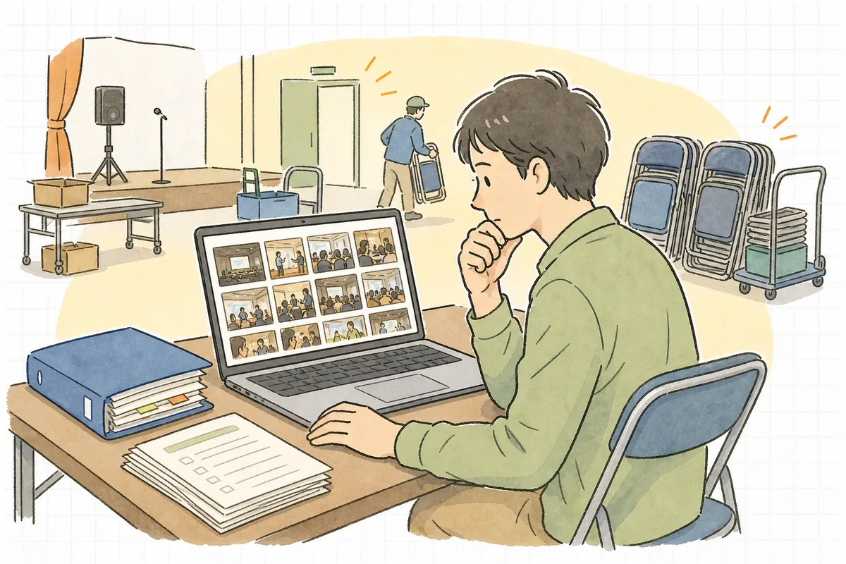 イベント終了後の会場の隅で、ノートパソコンに写った当日の記録写真を見ながら、掲載してよいか考え込んでいるイベント制作ディレクター