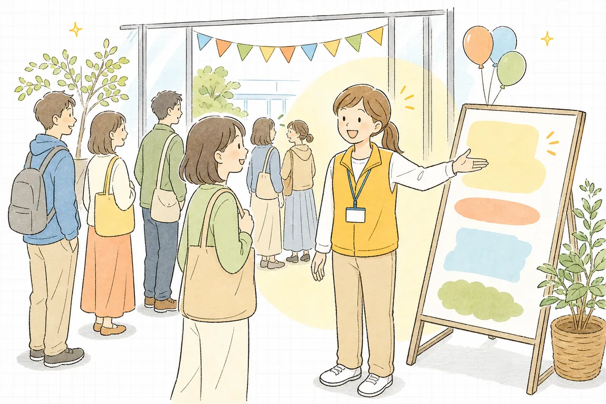 明るい会場の入口で、スタッフが来場者に案内の掲示を指し示しながら笑顔で説明し、来場者も納得した表情でうなずいている場面
