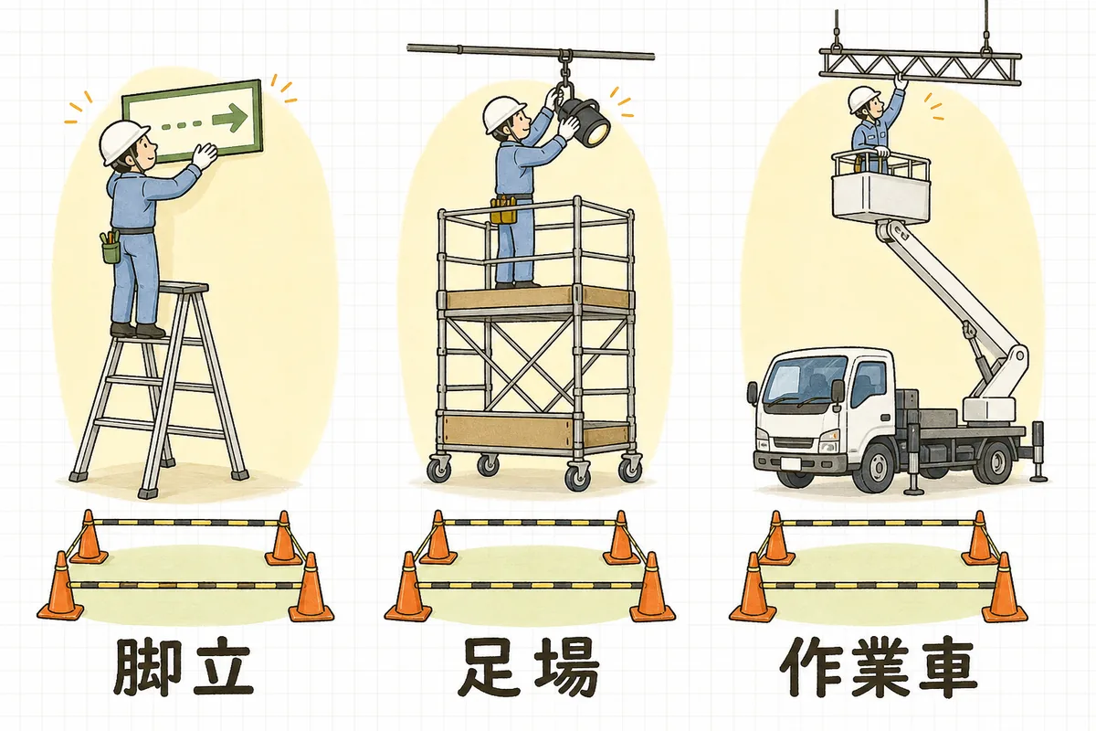 高所作業の3つの手段を並べた図。左は脚立の中ほどの段に立って案内板を取り付ける作業者、中央は手すり付きの移動式足場の作業床に立って照明を吊る作業者、右は高所作業車のバスケットに乗ってトラスに手を伸ばす作業者。それぞれの絵の下に「脚立」「足場」「作業車」のラベルが付き、各場面の真下にはカラーコーンとバーで囲まれた誰もいない立入禁止のスペースが描かれている
