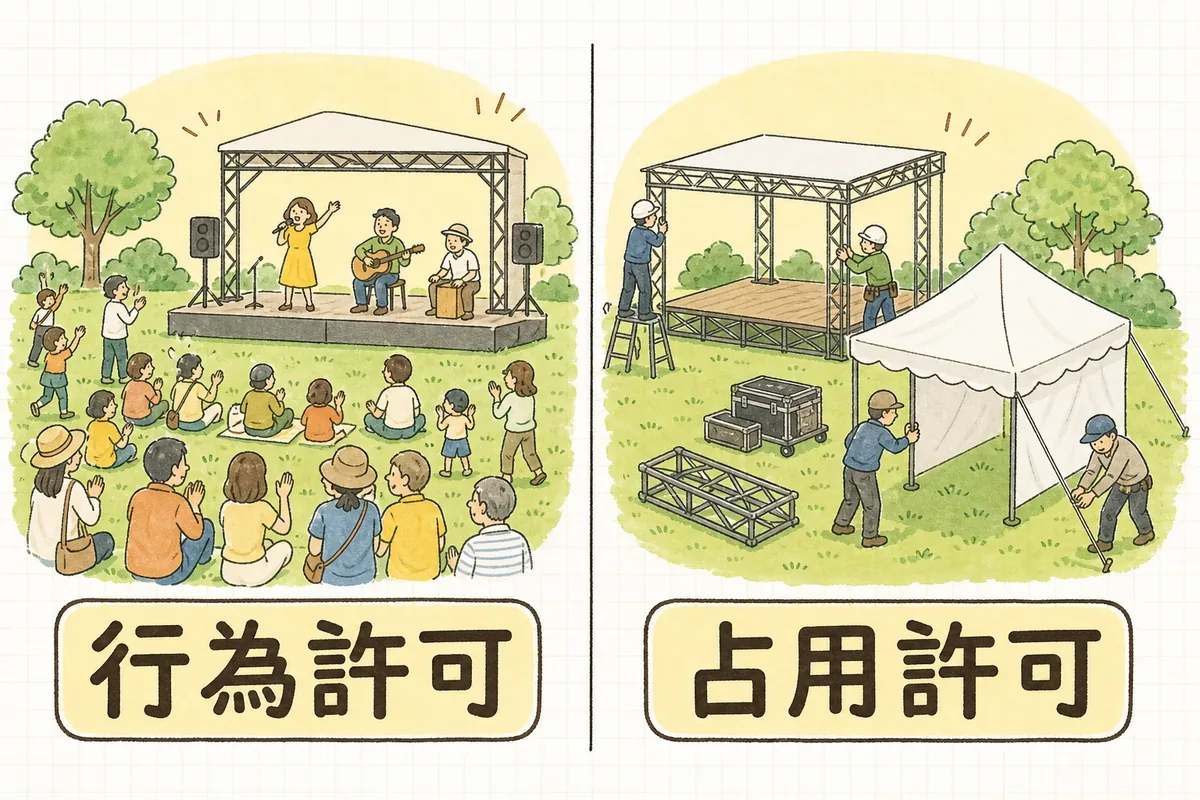 公園でのイベントには行為そのものへの許可と、物を設置する占用許可の2種類があることを示した対比図