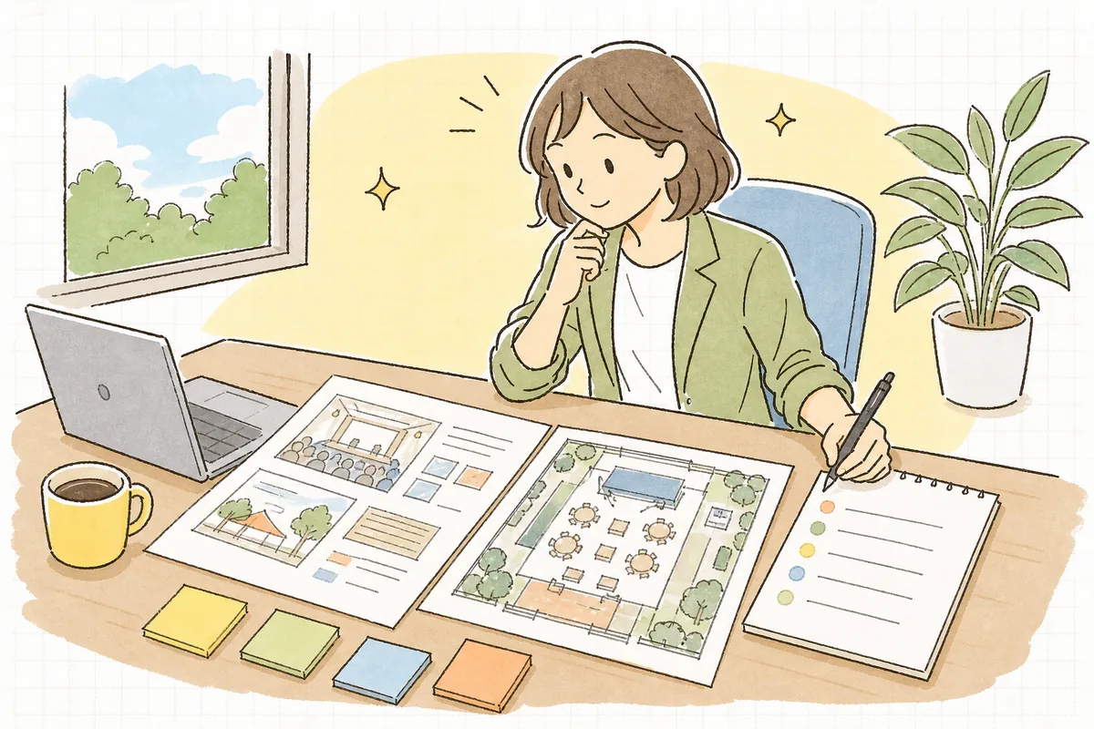 昼間のオフィスの机で、イベントの企画資料と協賛の一覧メモを広げ、ペンを持って協賛メニューを考えているイベント制作ディレクター