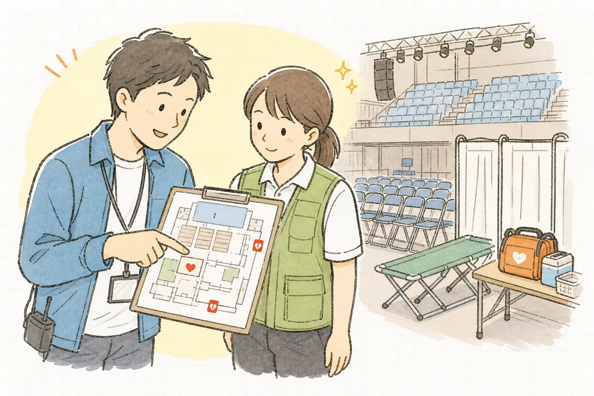 開場前のイベント会場で、救護室の場所とAEDの位置を会場図で指さし確認するイベント制作ディレクターと救護担当スタッフ