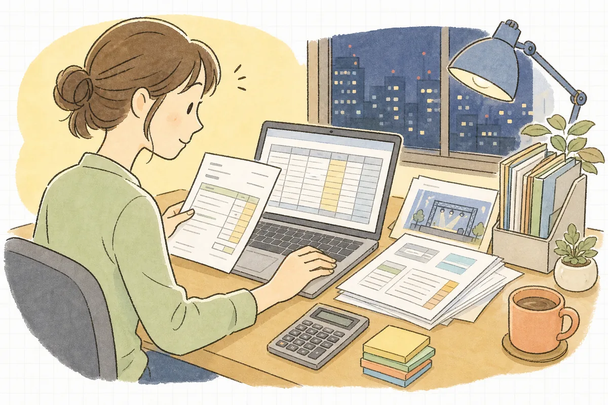 夜のオフィスで、イベントの見積書と請求書を画面に開き、消費税や源泉の欄を資料と見比べて確かめている制作ディレクターの横顔と手元